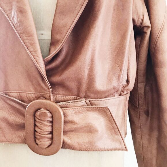Vintage 1980s Brown Cropped Long Dolman Sleeve Belted Leather Jacket - M/L - Picture 4 of 8